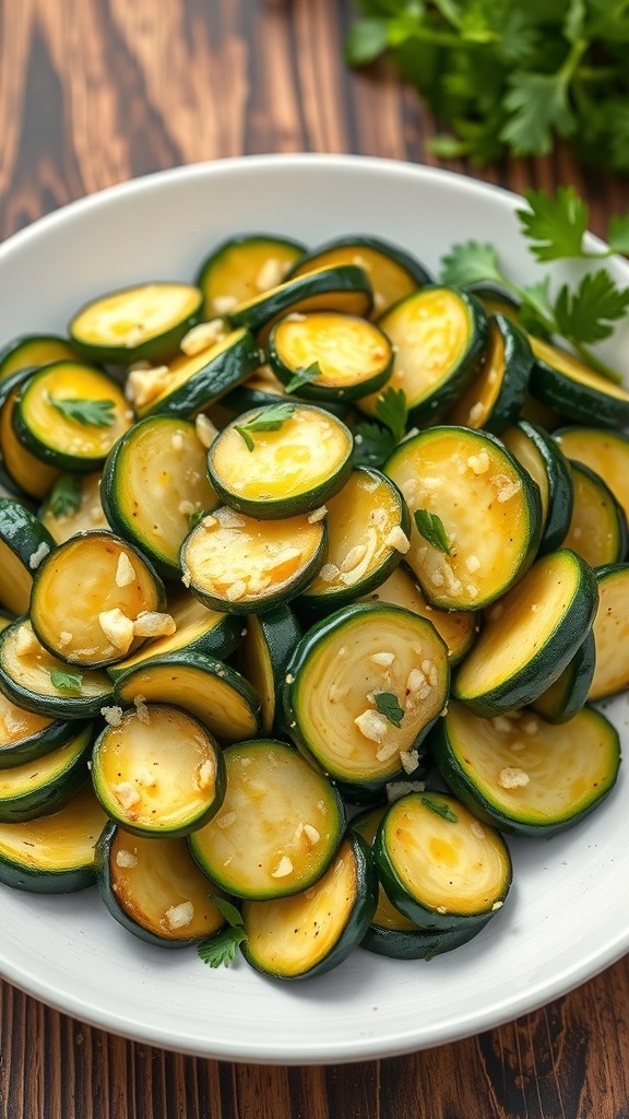 Zucchini Recipe: Sautéed Garlic Zucchini Sautéed garlic zucchini slices garnished with parsley on a rustic wooden table.